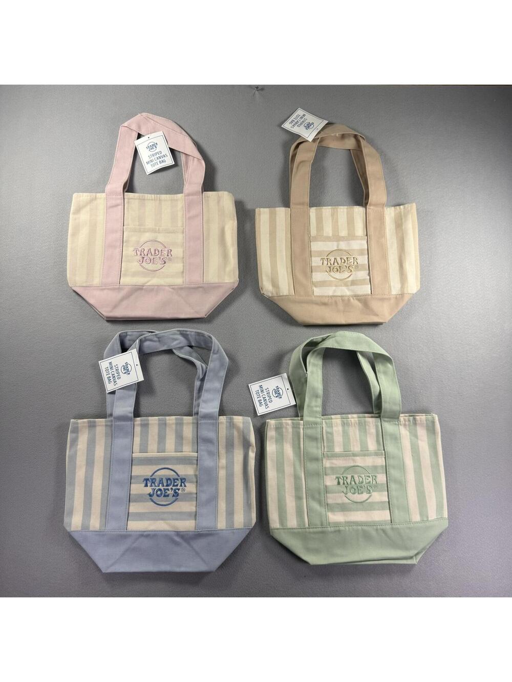 Trader Joe's Striped Mini Canvas Tote Bag Lot of 4 NWT Pink Blue Green Tan